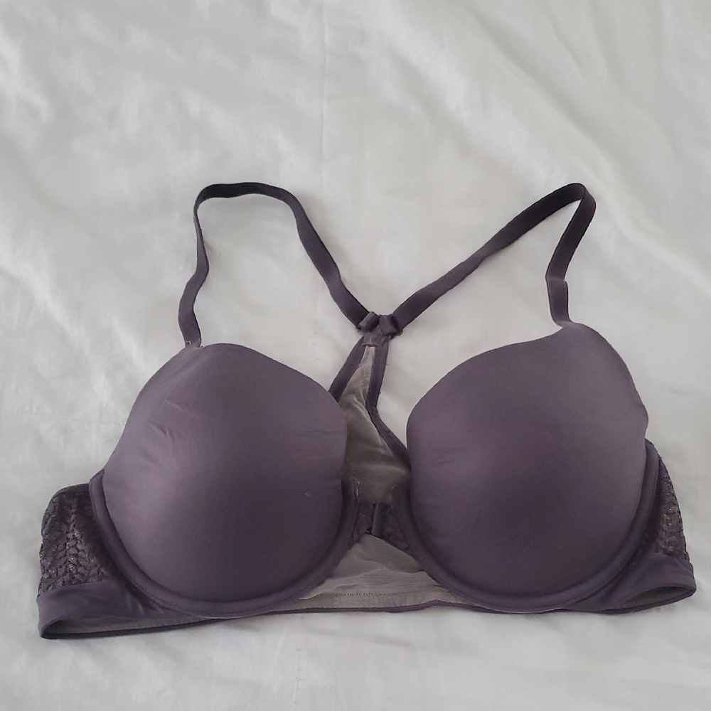 Victoria's Secret Front Close Racerback Bra In Dark Lavender W/ Shimmer Lace 36C